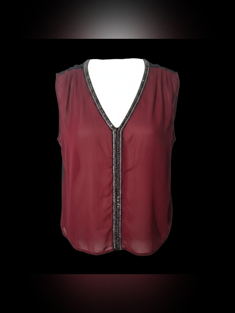 Embellished V-Neck Sheer Chiffon Tank - Burgundy